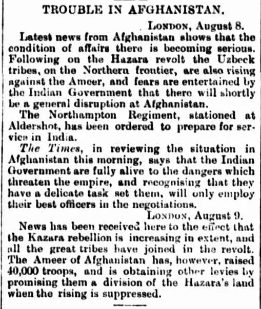 Trouble in Afghanistan (Toowoomba Chronicle 1892)